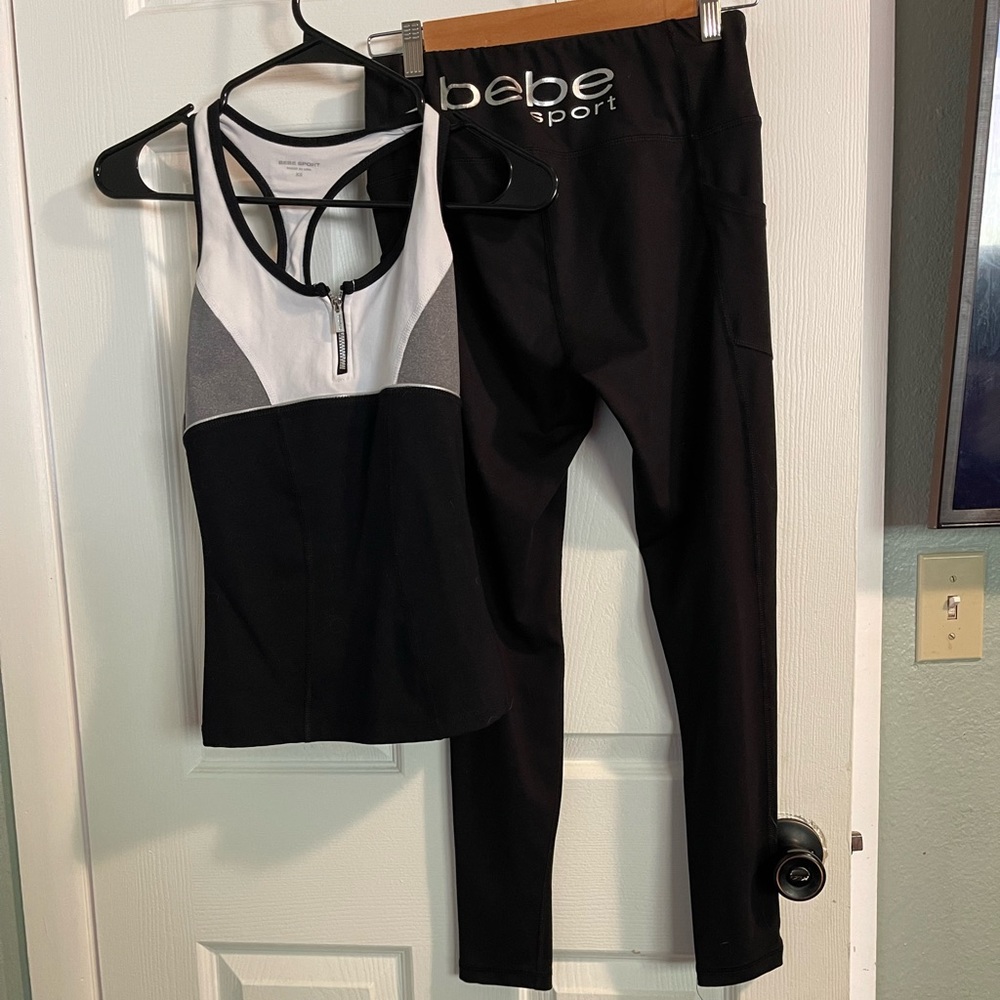 Bebe workout outfit, leggings with pockets, workout top